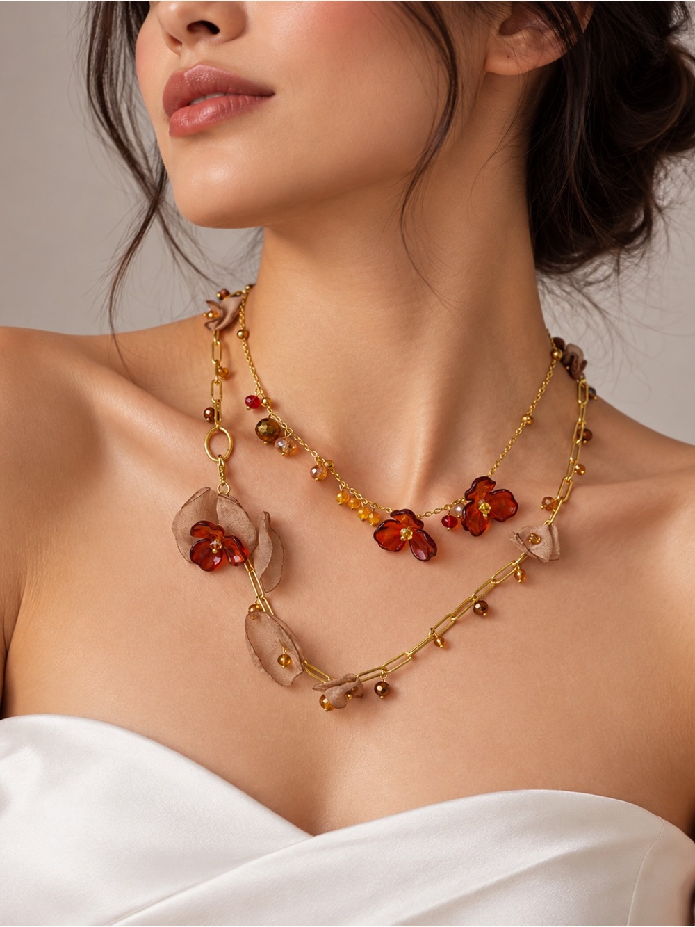 Gold Floral Necklace with Amber Flower Accents - Women Jewelry